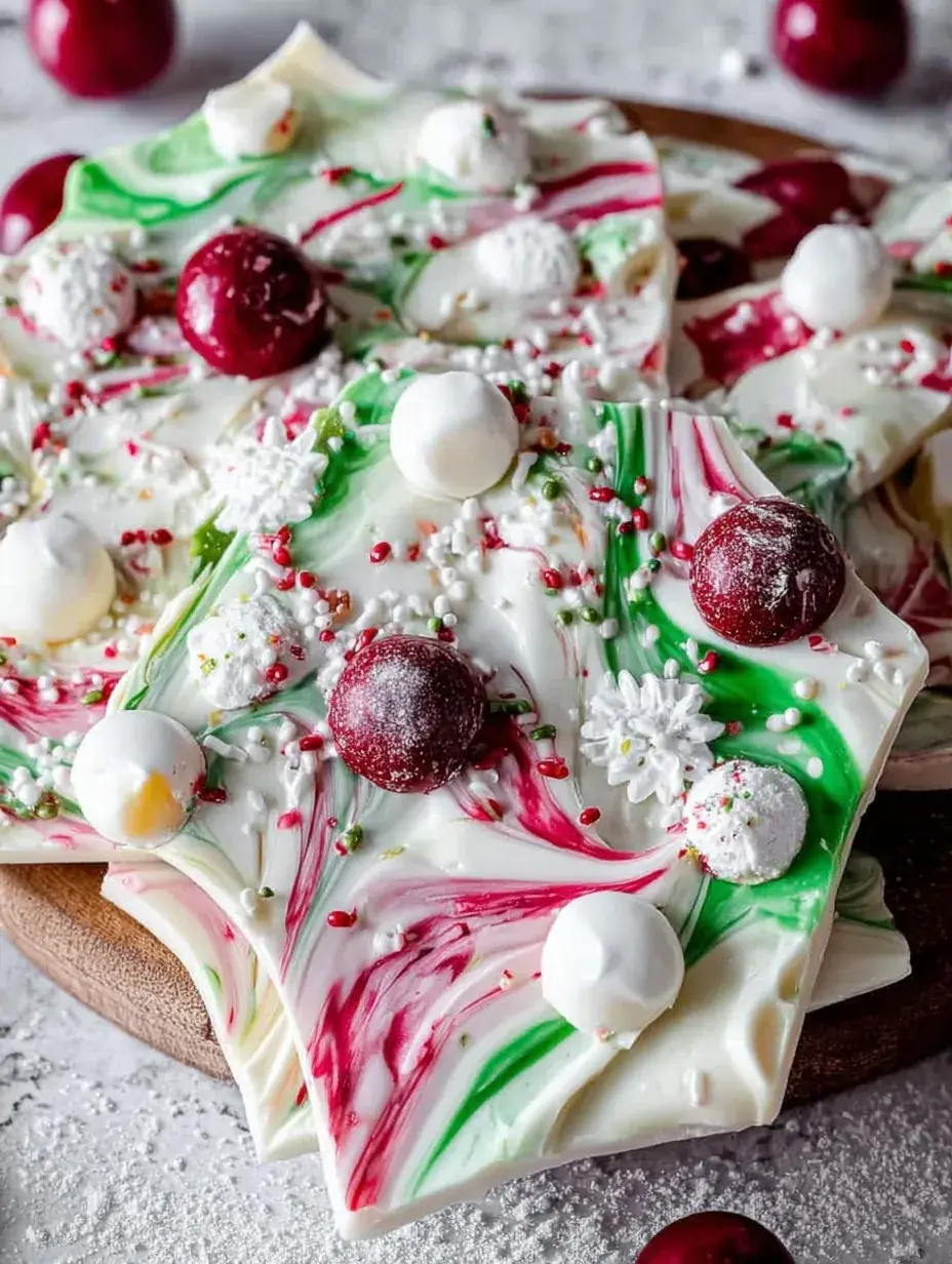 Pieces of White Chocolate Christmas Bark with red and green sprinkles on a parchment lined tray