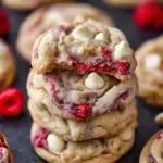 A stack of soft White Chocolate Raspberry Cookies with visible red berry pieces and white chocolate chips.