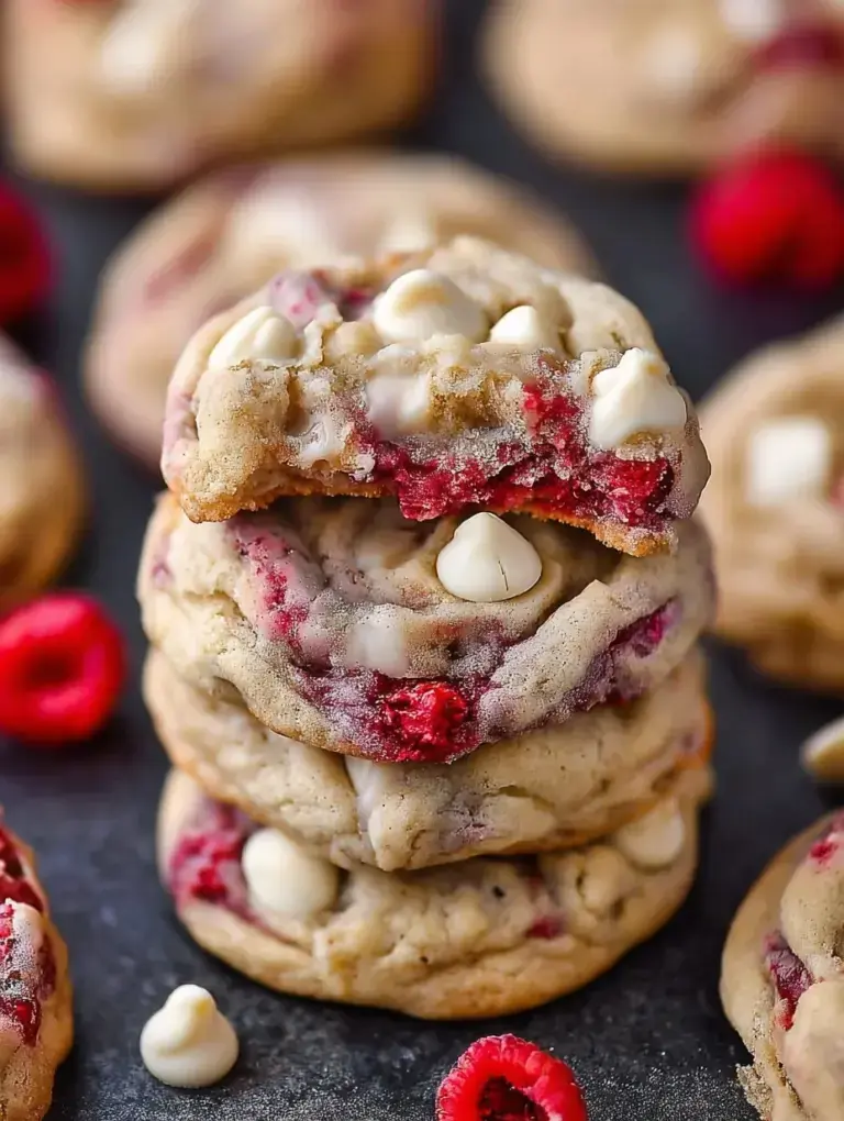A stack of soft White Chocolate Raspberry Cookies with visible red berry pieces and white chocolate chips.