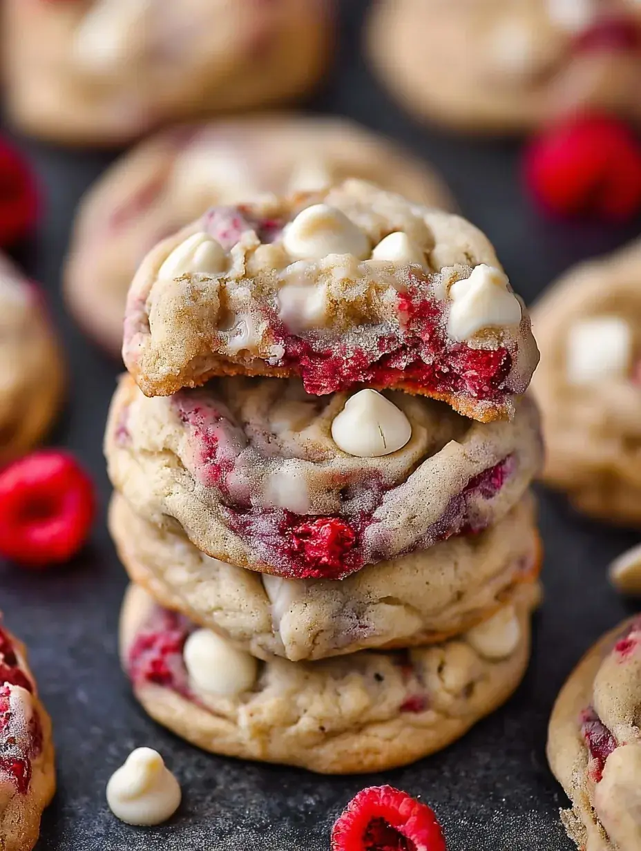 A stack of soft White Chocolate Raspberry Cookies with visible red berry pieces and white chocolate chips.