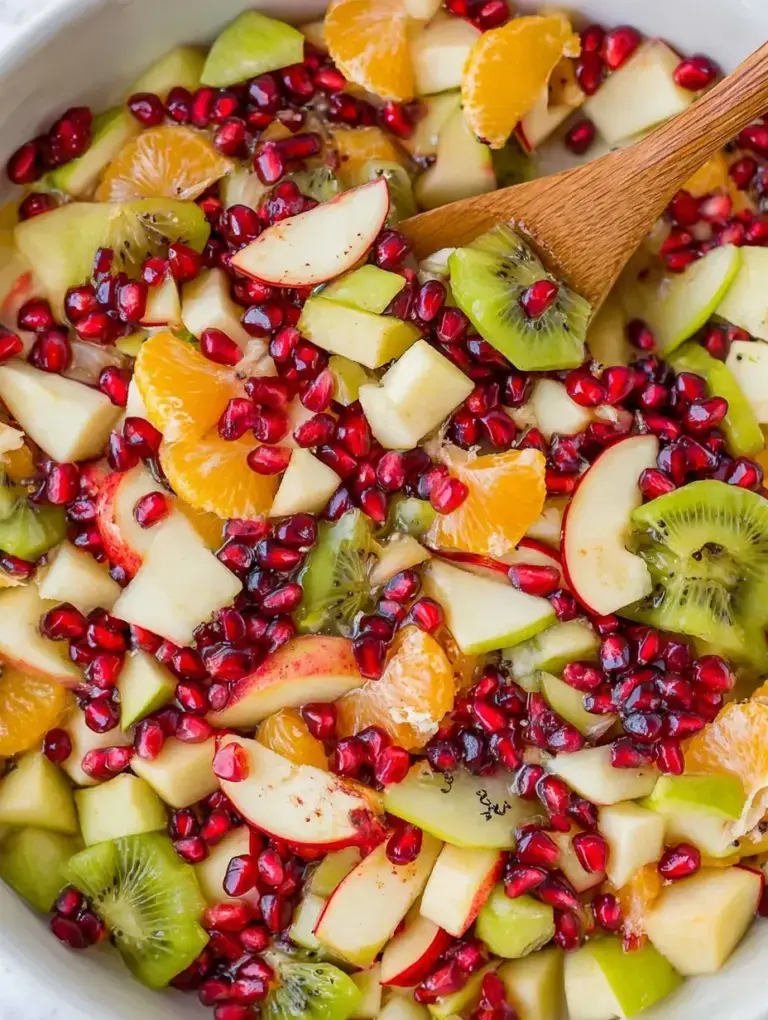 A glass bowl filled with colorful Winter Fruit Salad featuring kiwi, pomegranate, and citrus