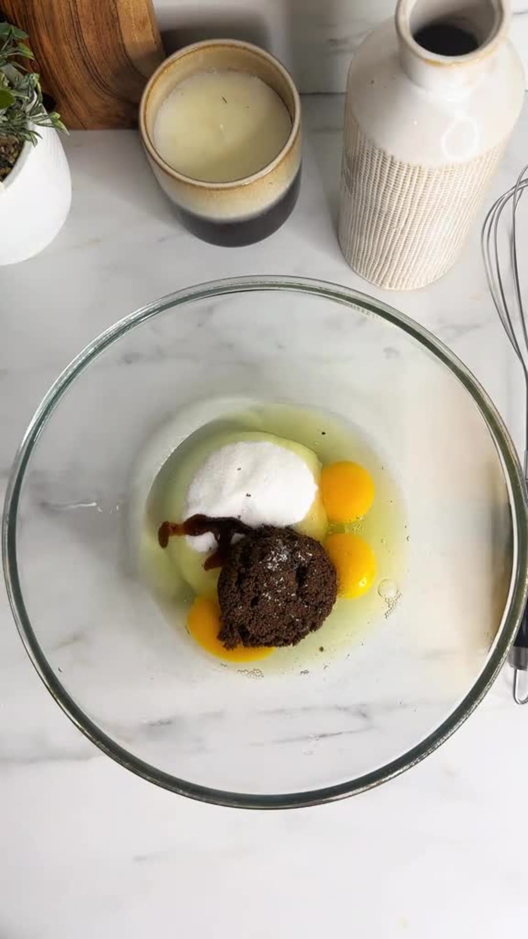Fudgy Salted Caramel Pecan Brownies - Whisking eggs and sugars