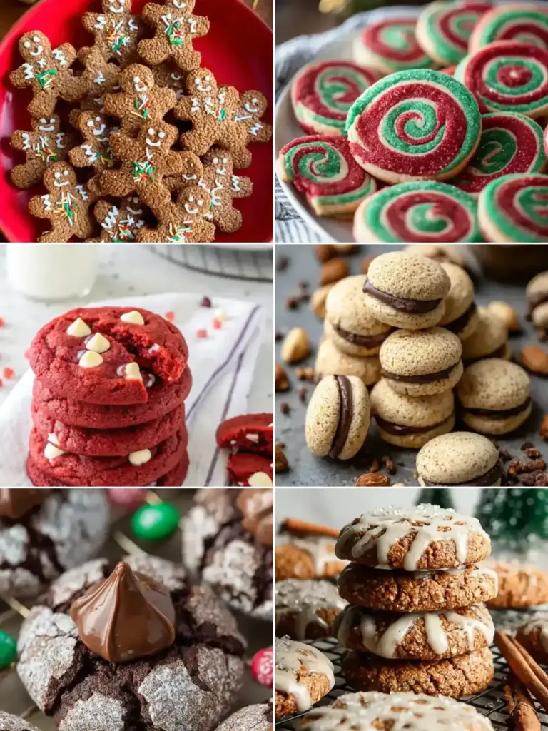 Collage of easy Christmas cookie recipes: vegan gingerbread cookies, Christmas pinwheel cookies, red velvet chocolate chip cookies, baci di dama, chocolate blossom cookies and iced gingerbread cookies