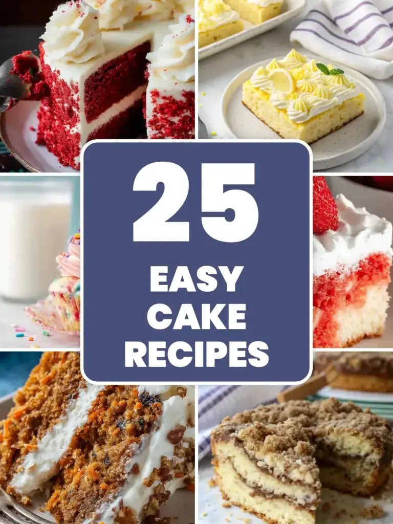 Collage of easy cake recipes: red velvet cake, lemon sheet cake, cupcakes and carrot cake