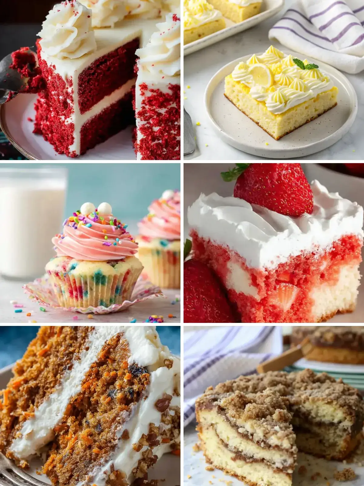 Collage of easy cake recipes: red velvet cake, lemon sheet cake, funfetti cupcakes, strawberry poke cake, carrot cake and coffee cake