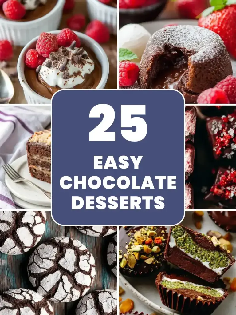 Collage of easy chocolate desserts: mousse cups, molten lava cake, layered chocolate cake and crinkle cookies
