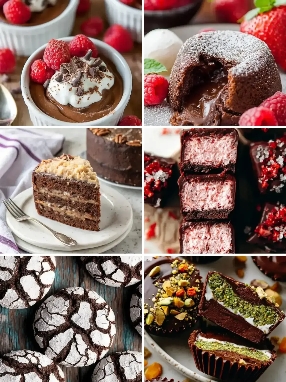 Easy chocolate desserts: raspberry chocolate mousse, molten lava cake, German chocolate cake, chocolate-covered strawberry bars, crinkle cookies and pistachio chocolate cups