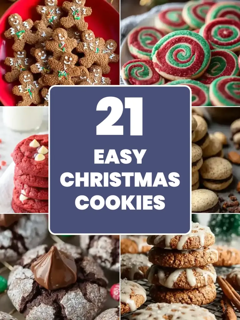 Collage of easy Christmas cookie recipes: vegan gingerbread cookies, Christmas pinwheel cookies, red velvet chocolate chip cookies, baci di dama, chocolate blossom cookies and iced gingerbread cookies