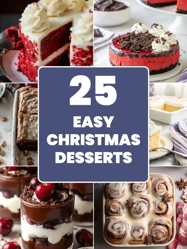 Collage of easy Christmas desserts: red velvet cake, red velvet Oreo cheesecake, gingerbread brownies, coquito tres leches cake, black forest dessert cups and vegan gingerbread cinnamon rolls