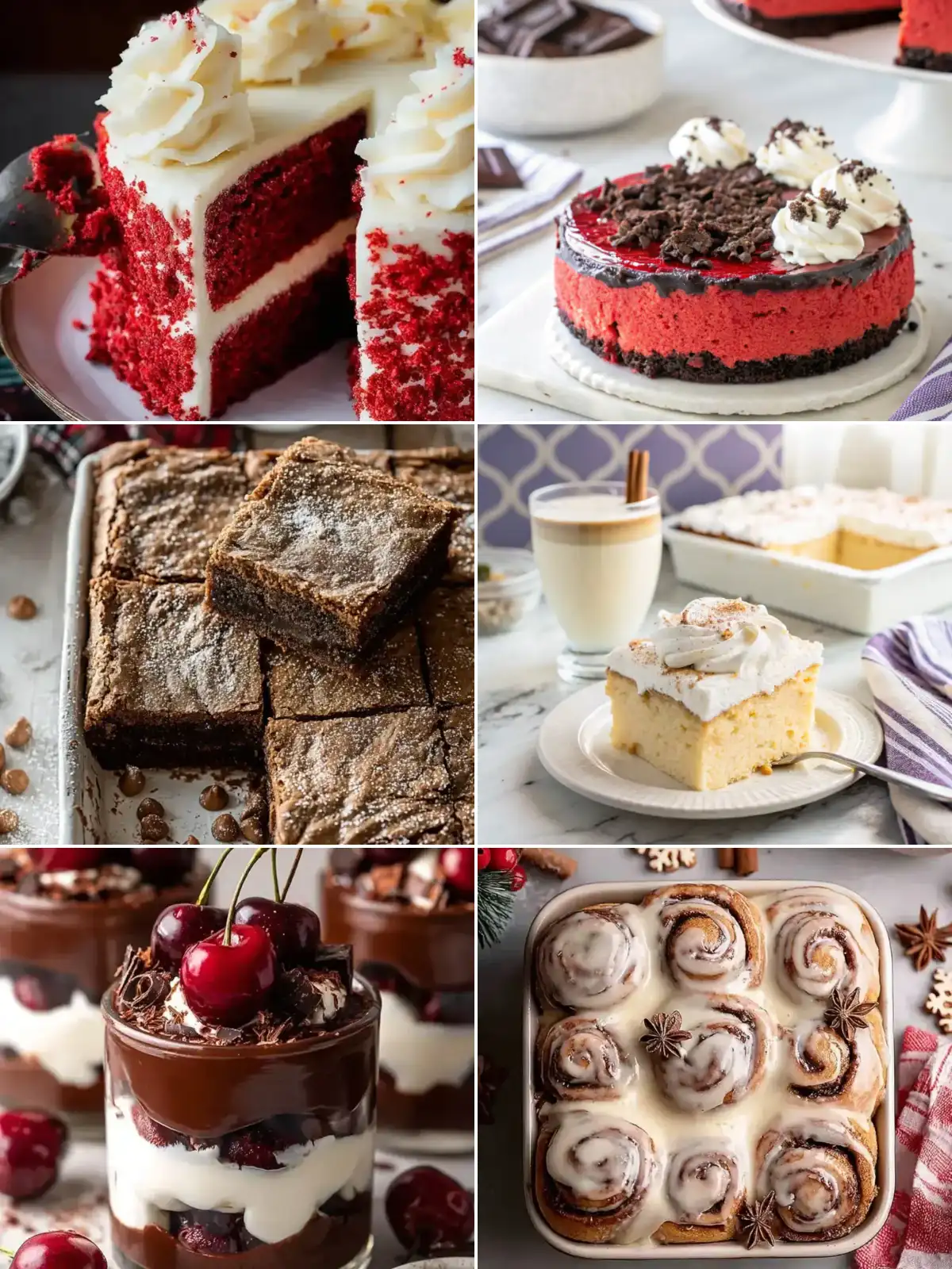 Collage of easy Christmas desserts: red velvet cake, red velvet Oreo cheesecake, gingerbread brownies, coquito tres leches cake, black forest dessert cups and vegan gingerbread cinnamon rolls