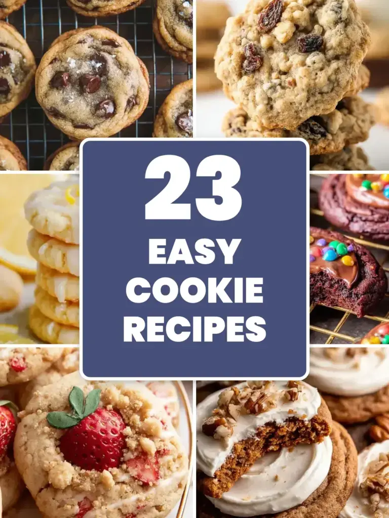 Collage of easy cookie recipes: chocolate chip cookies, oatmeal raisin cookies, lemon sugar cookies, cosmic brownie cookies, strawberry shortcake cookies and carrot cake cookies