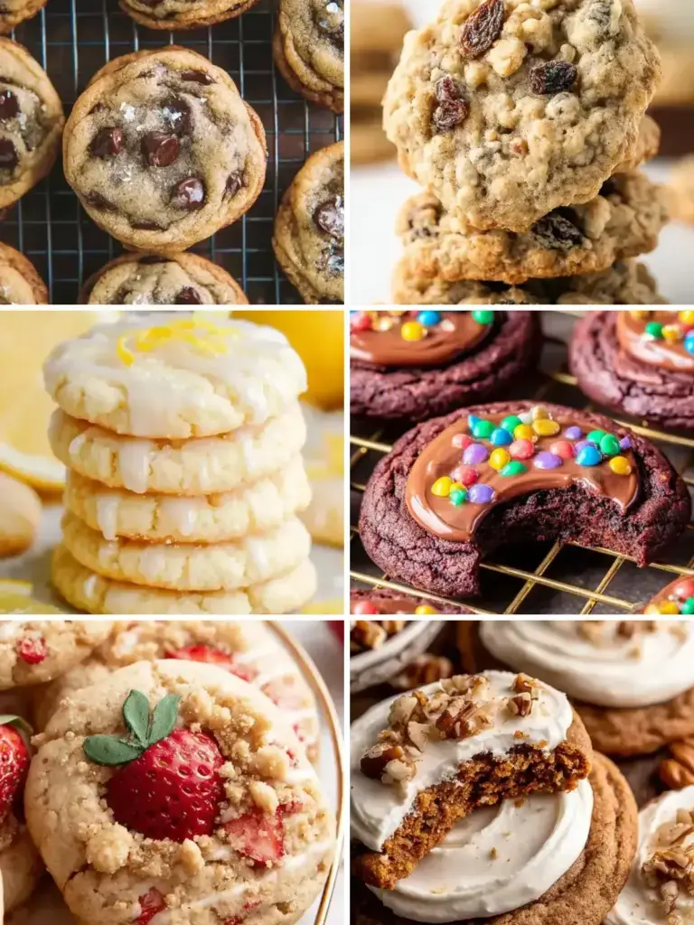 Collage of easy cookie recipes: chocolate chip cookies, oatmeal raisin cookies, lemon sugar cookies, cosmic brownie cookies, strawberry shortcake cookies and carrot cake cookies