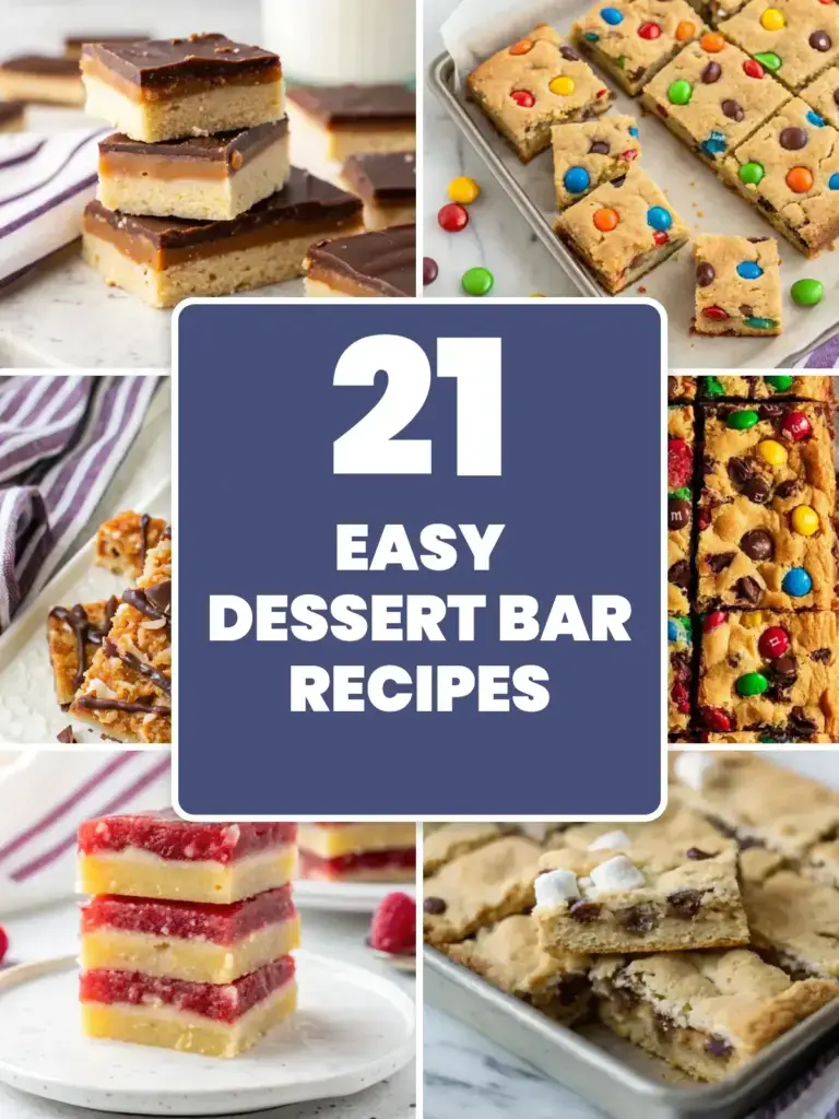Collage of easy dessert bar recipes: millionaire shortbread bars, cookie bars, caramel bars and brownie bars
