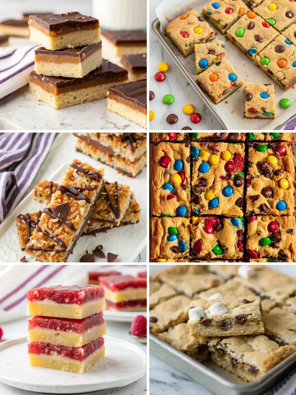 Collage of easy dessert bar recipes: millionaire shortbread bars, millionaire cookie bars, Samoa caramel bars, M&M cookie bars, lemon raspberry bars and mud hen bars