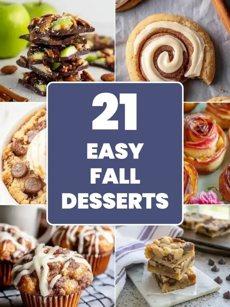 Collage of easy fall desserts: caramel apple bark, cinnamon swirl cookies, salted caramel chocolate chip cobbler, apple roses, cinnamon roll muffins and chocolate chip caramel butter bars