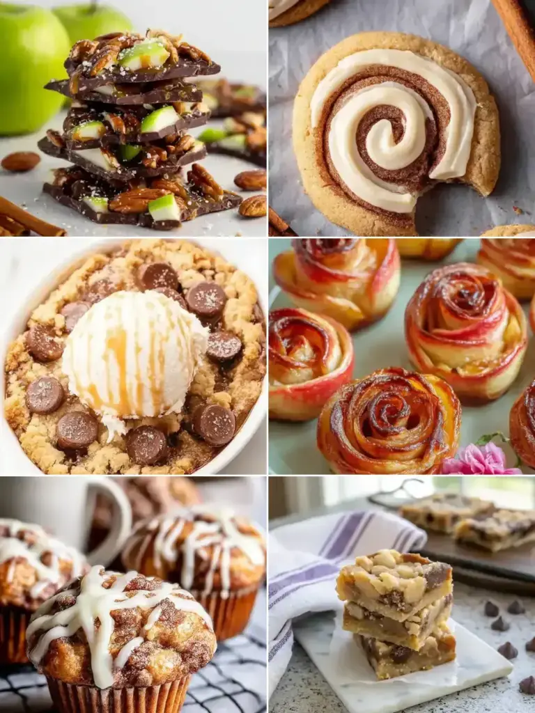 Collage of easy fall desserts: caramel apple bark, cinnamon swirl cookies, salted caramel chocolate chip cobbler, apple roses, cinnamon roll muffins and chocolate chip caramel butter bars