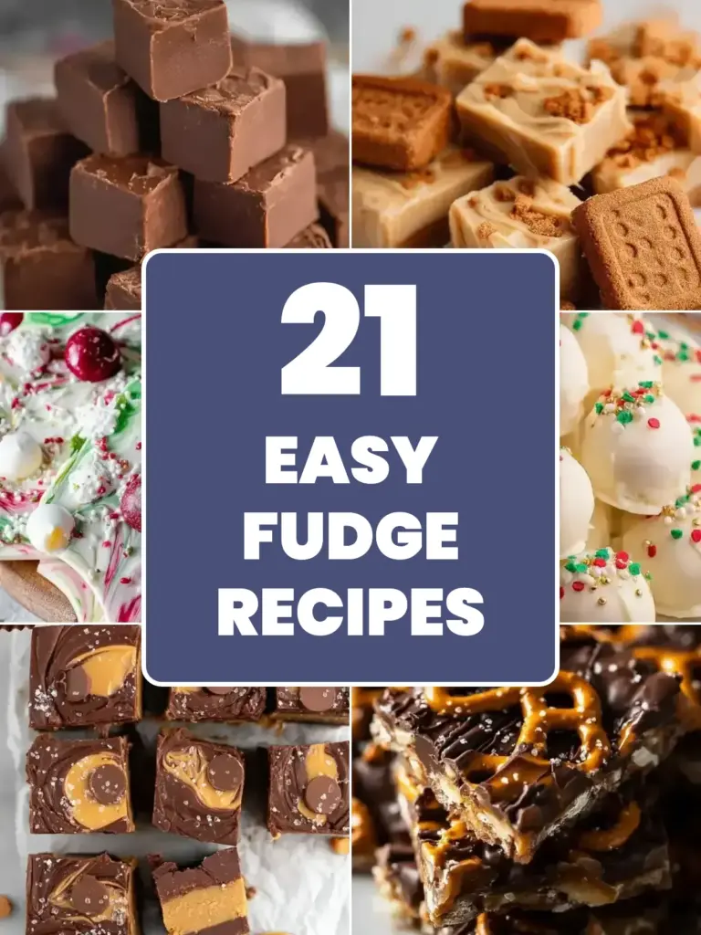 Collage of easy fudge recipes, bark and truffles: easy chocolate fudge, Biscoff fudge, white chocolate Christmas bark, Christmas Golden Oreo truffles, peanut butter cup fudge and pretzel bark