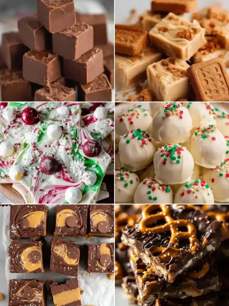 Collage of easy fudge recipes, bark and truffles: easy chocolate fudge, Biscoff fudge, white chocolate Christmas bark, Christmas Golden Oreo truffles, peanut butter cup fudge and pretzel bark