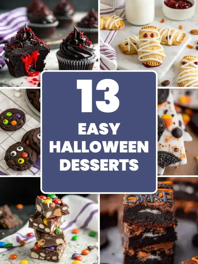 Collage of easy Halloween desserts: black cupcakes, spooky hand pies, monster cookies, Oreo bark, rocky road treats and Oreo stuffed brownies