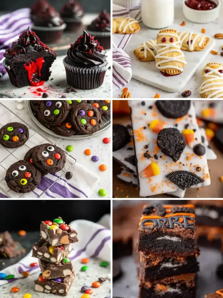 Collage of easy Halloween desserts: black cupcakes, spooky hand pies, monster cookies, Oreo bark, rocky road treats and Oreo stuffed brownies