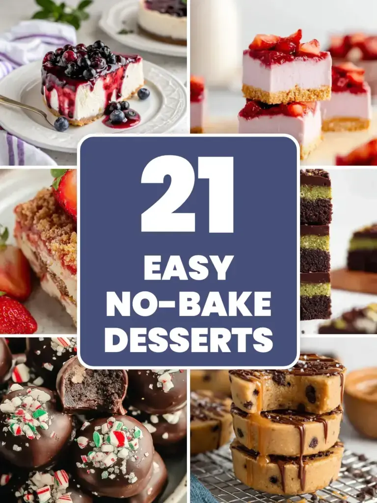 Collage of easy no-bake desserts: cheesecake, icebox cake, brownies and truffles