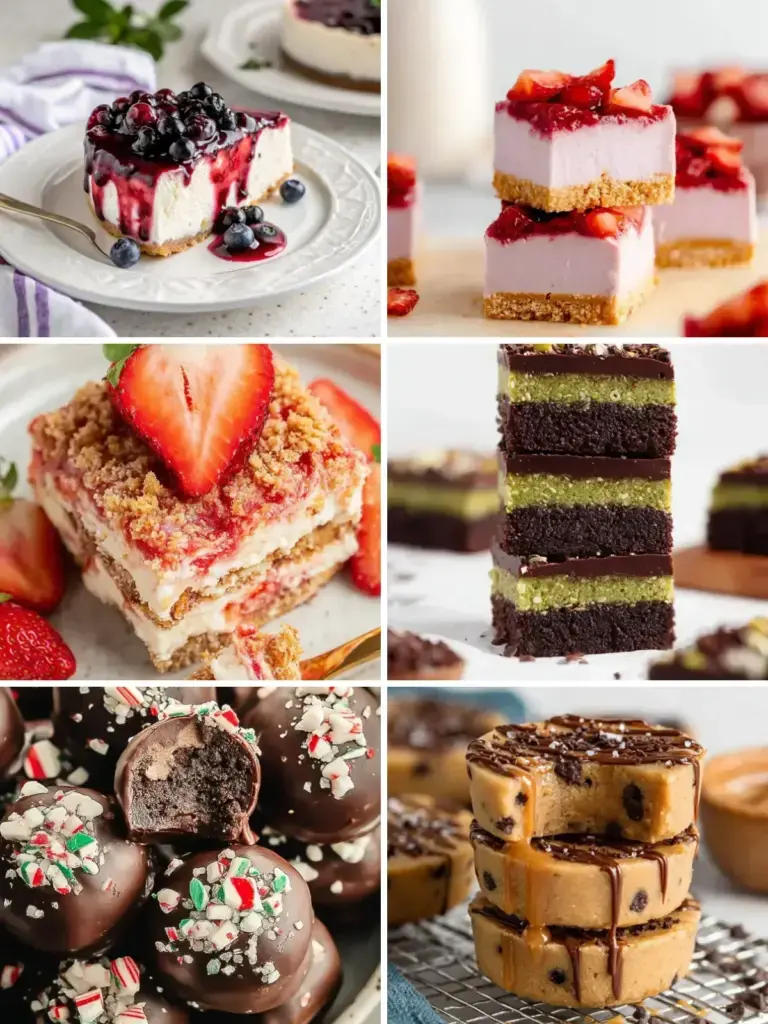 Collage of easy no-bake desserts: blueberry cheesecake, strawberry cheesecake bars, strawberry icebox cake, Dubai chocolate brownies, peppermint Oreo truffles and caramel cookie dough cups