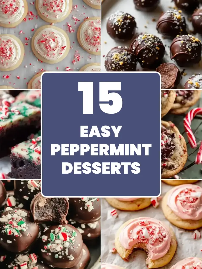 Collage of easy peppermint desserts: peppermint sugar cookies, dark chocolate peppermint truffles, peppermint brownies, peppermint chocolate chip cookies, peppermint Oreo truffles and peppermint meltaways