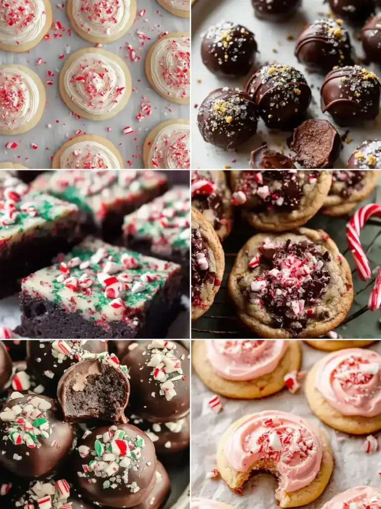 Collage of easy peppermint desserts: peppermint sugar cookies, dark chocolate peppermint truffles, peppermint brownies, peppermint chocolate chip cookies, peppermint Oreo truffles and peppermint meltaways