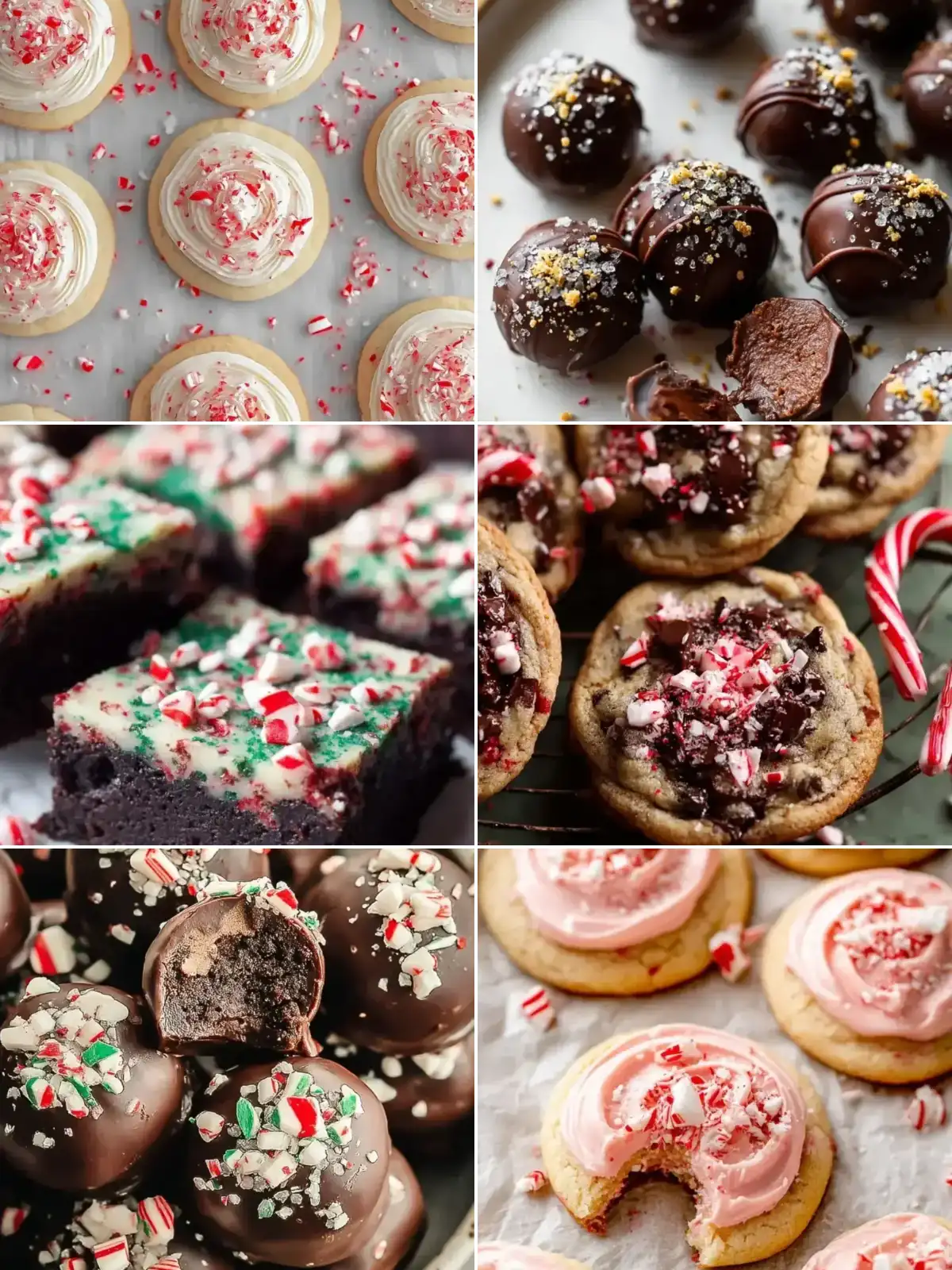Collage of easy peppermint desserts: peppermint sugar cookies, dark chocolate peppermint truffles, peppermint brownies, peppermint chocolate chip cookies, peppermint Oreo truffles and peppermint meltaways