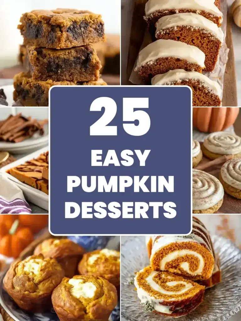 Collage of easy pumpkin dessert recipes: gooey chocolate chip pumpkin bars, pumpkin bread with cream cheese frosting, pumpkin cheesecake bars, soft pumpkin cookies, pumpkin cream cheese muffins and a pumpkin roll
