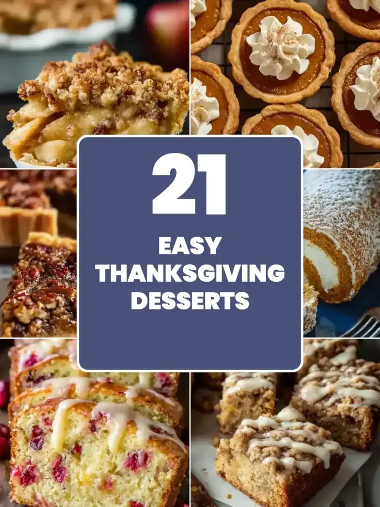 Collage of easy Thanksgiving desserts: Dutch apple pie, mini pumpkin pies, vegan pecan pie, pumpkin roll, cranberry bread with orange glaze and apple cider coffee cake