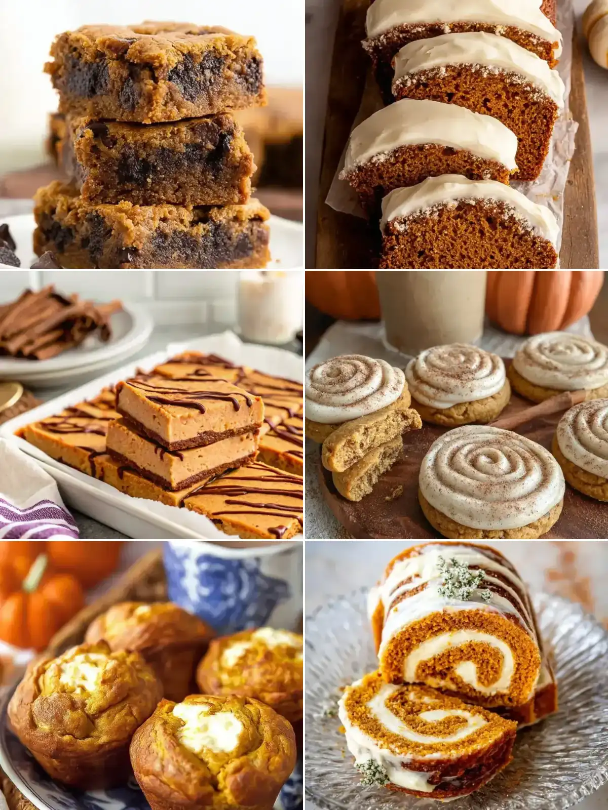 Collage of easy pumpkin dessert recipes: gooey chocolate chip pumpkin bars, pumpkin bread with cream cheese frosting, pumpkin cheesecake bars, soft pumpkin cookies, pumpkin cream cheese muffins and a pumpkin roll