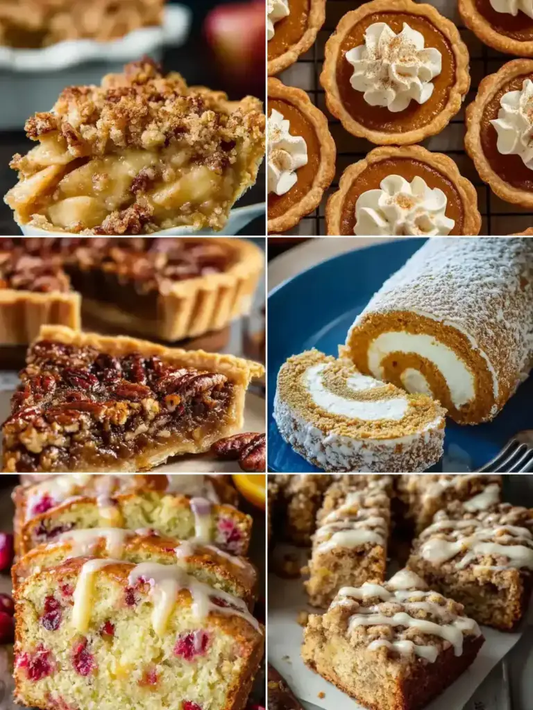 Collage of easy Thanksgiving desserts: Dutch apple pie, mini pumpkin pies, vegan pecan pie, pumpkin roll, cranberry bread with orange glaze and apple cider coffee cake